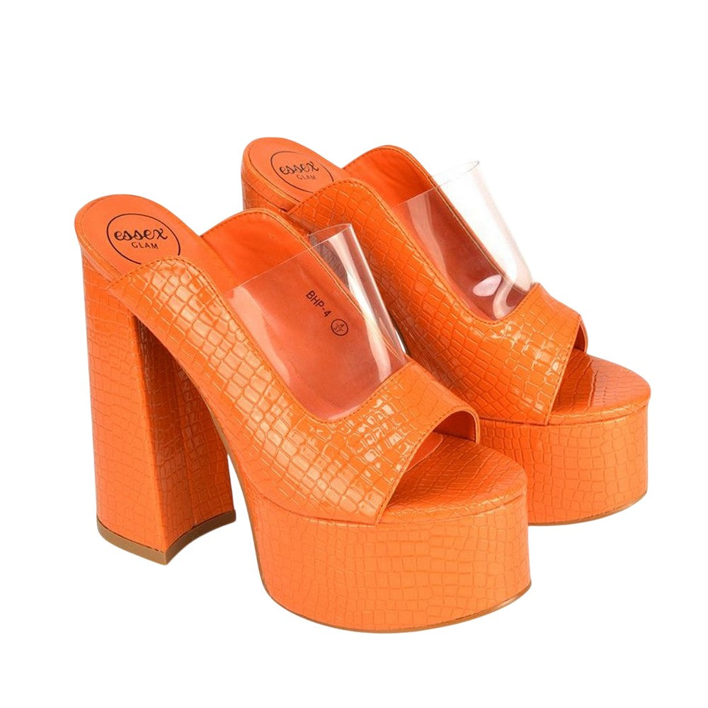 Orange - Front - XY London Womens-Ladies Saorise Patent Perspex Panel High Block Heel Mules