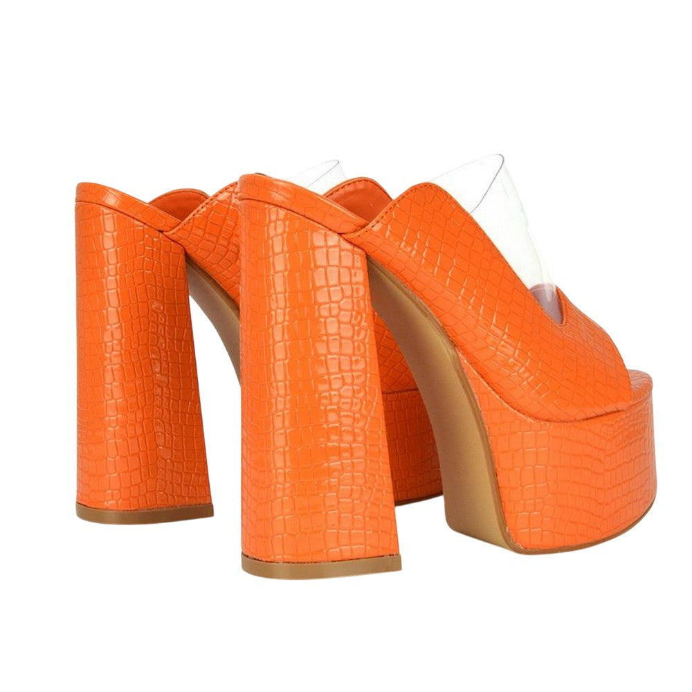Orange - Back - XY London Womens-Ladies Saorise Patent Perspex Panel High Block Heel Mules