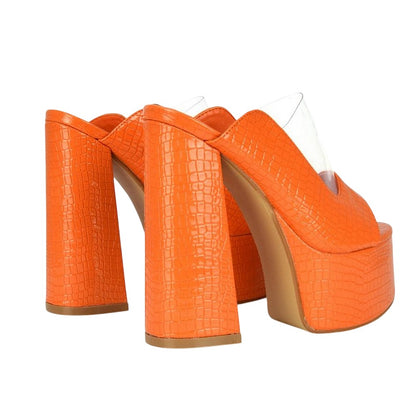 Orange - Back - XY London Womens-Ladies Saorise Patent Perspex Panel High Block Heel Mules