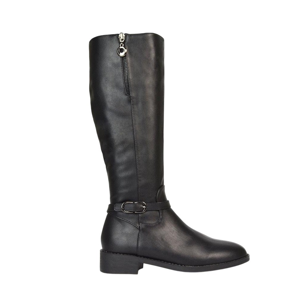 Black - Side - XY London Womens-Ladies Georgina Side Zip Low Heel Knee-High Boots