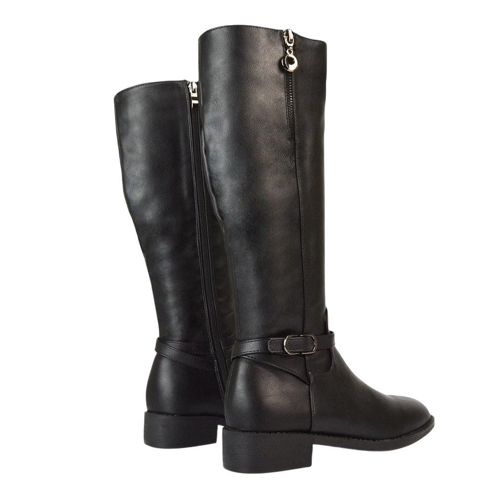 Black - Back - XY London Womens-Ladies Georgina Side Zip Low Heel Knee-High Boots