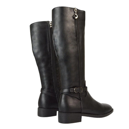 Black - Back - XY London Womens-Ladies Georgina Side Zip Low Heel Knee-High Boots