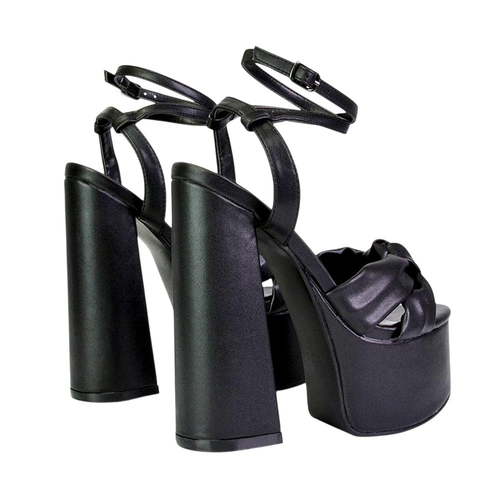 Black - Back - XY London Womens-Ladies Faylinn Chunky Ankle Strap High Block Heel Platform Shoes