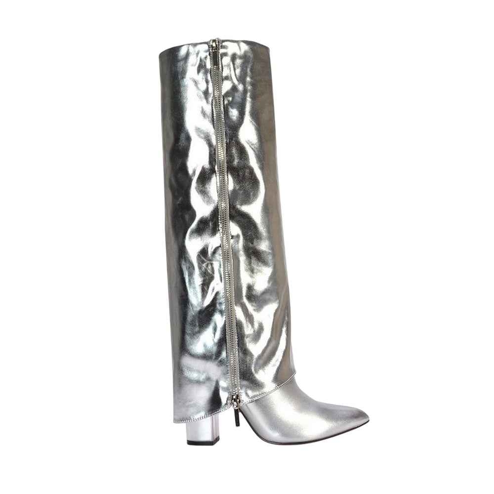 Silver - Side - XY London Womens-Ladies Allie Fold Over Metallic Pointed Side Zip Knee-High Boots
