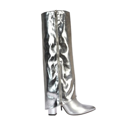 Silver - Side - XY London Womens-Ladies Allie Fold Over Metallic Pointed Side Zip Knee-High Boots