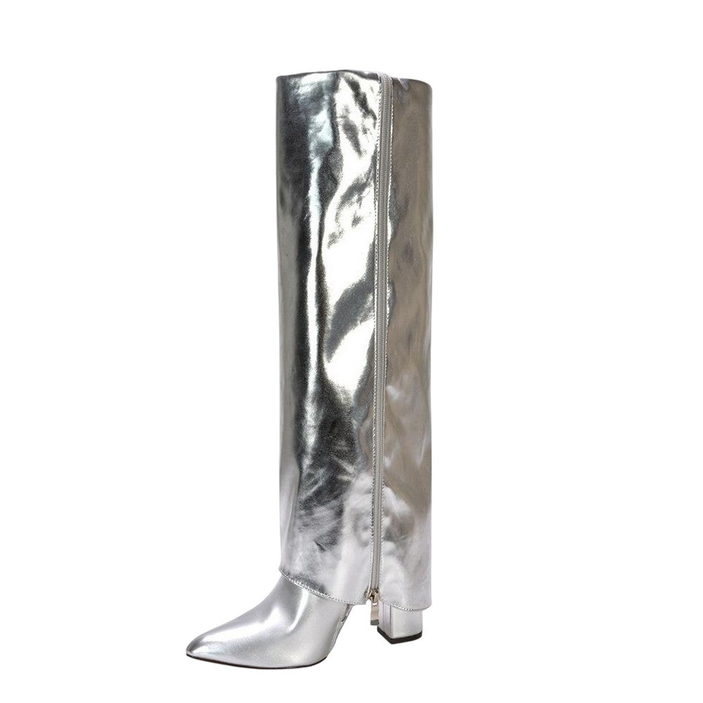 Silver - Lifestyle - XY London Womens-Ladies Allie Fold Over Metallic Pointed Side Zip Knee-High Boots
