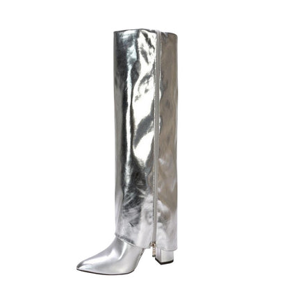 Silver - Lifestyle - XY London Womens-Ladies Allie Fold Over Metallic Pointed Side Zip Knee-High Boots
