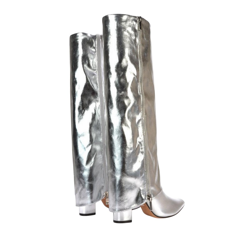 Silver - Back - XY London Womens-Ladies Allie Fold Over Metallic Pointed Side Zip Knee-High Boots