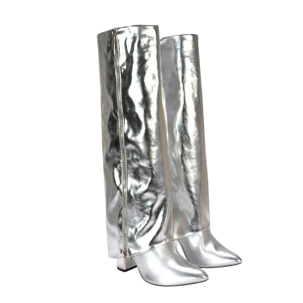 Silver - Front - XY London Womens-Ladies Allie Fold Over Metallic Pointed Side Zip Knee-High Boots