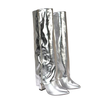Silver - Front - XY London Womens-Ladies Allie Fold Over Metallic Pointed Side Zip Knee-High Boots