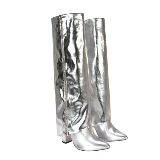 Silver - Front - XY London Womens-Ladies Allie Fold Over Metallic Pointed Side Zip Knee-High Boots