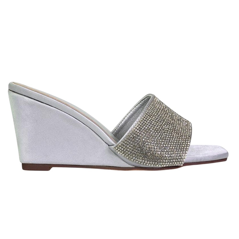 Silver - Side - XY London Womens-Ladies Eliza Diamante Satin Wedge Mule Sandals