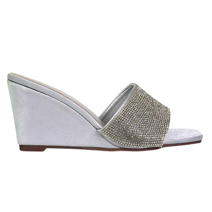 Silver - Side - XY London Womens-Ladies Eliza Diamante Satin Wedge Mule Sandals