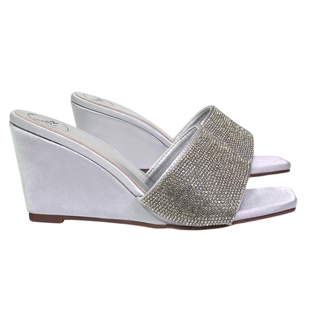 Silver - Lifestyle - XY London Womens-Ladies Eliza Diamante Satin Wedge Mule Sandals
