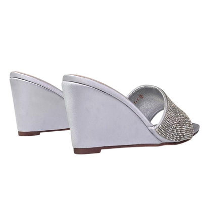 Silver - Back - XY London Womens-Ladies Eliza Diamante Satin Wedge Mule Sandals