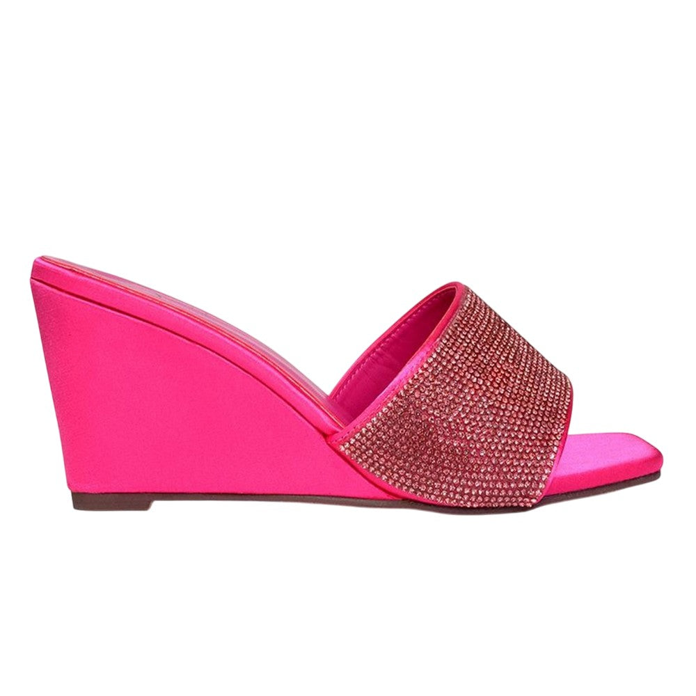 Fuchsia - Side - XY London Womens-Ladies Eliza Diamante Satin Wedge Mule Sandals
