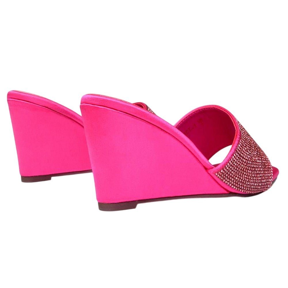 Fuchsia - Back - XY London Womens-Ladies Eliza Diamante Satin Wedge Mule Sandals