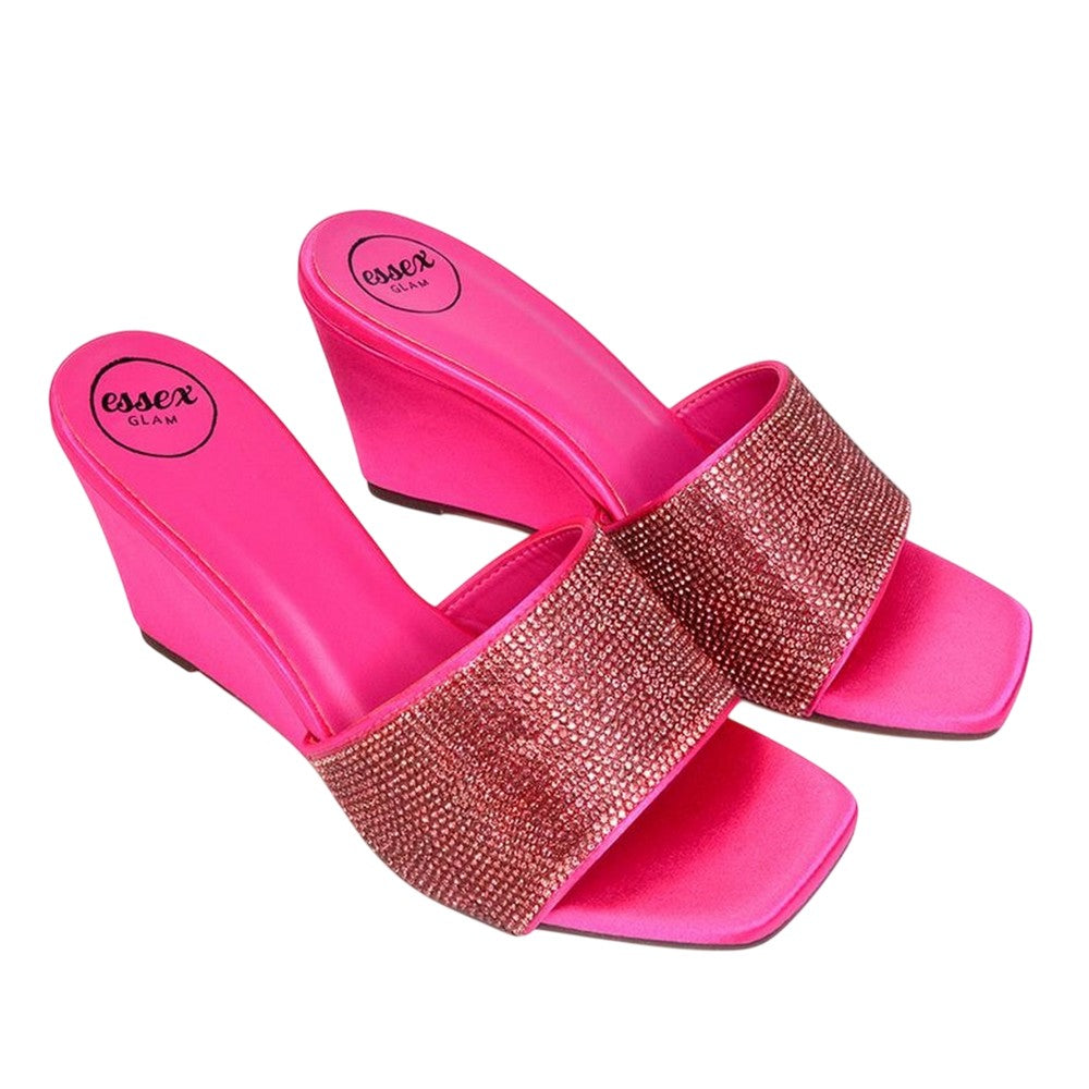 Fuchsia - Front - XY London Womens-Ladies Eliza Diamante Satin Wedge Mule Sandals