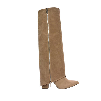 Taupe - Side - XY London Womens-Ladies Allie Fold Over Pointed Side Zip Knee-High Boots