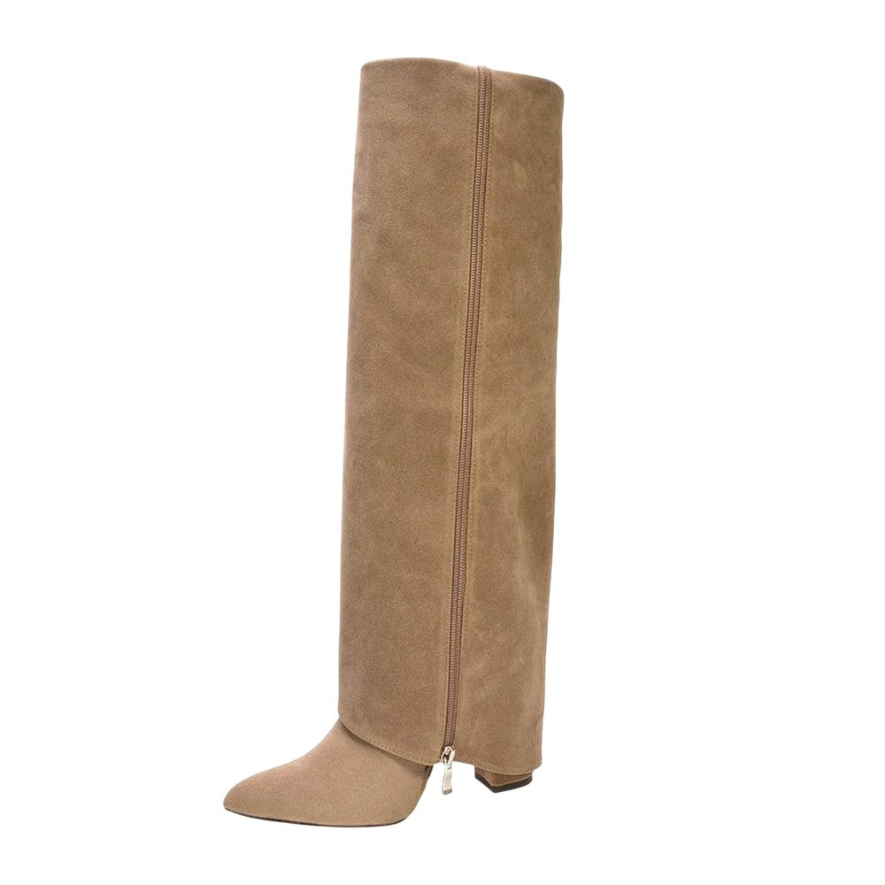 Taupe - Lifestyle - XY London Womens-Ladies Allie Fold Over Pointed Side Zip Knee-High Boots