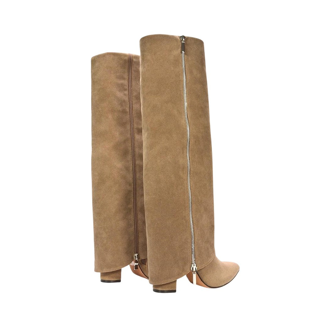 Taupe - Back - XY London Womens-Ladies Allie Fold Over Pointed Side Zip Knee-High Boots