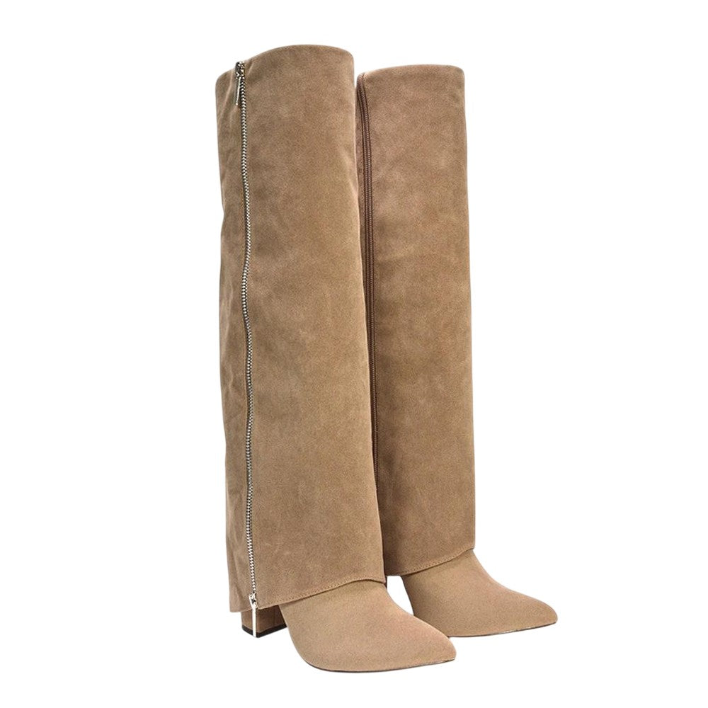 Taupe - Front - XY London Womens-Ladies Allie Fold Over Pointed Side Zip Knee-High Boots