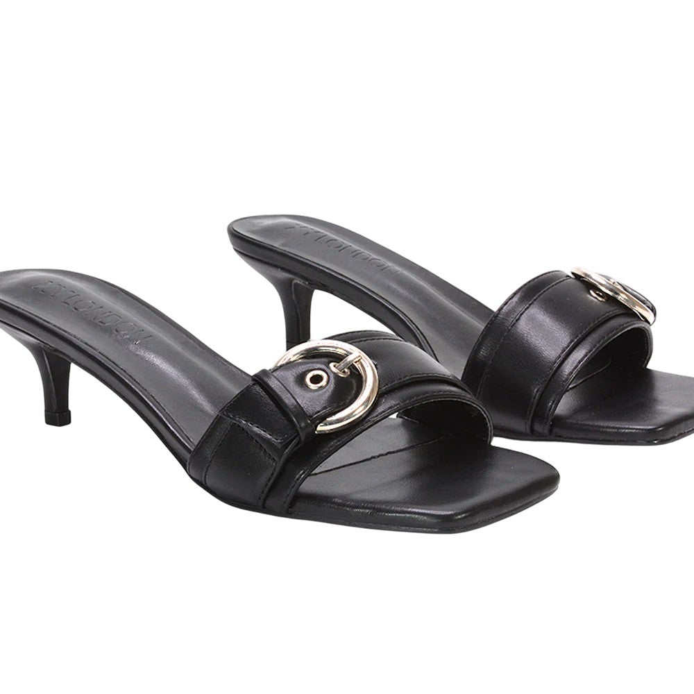 Black - Close up - XY London Womens-Ladies Addison Buckle Detail Slip-on Kitten Heel Mule Sandals