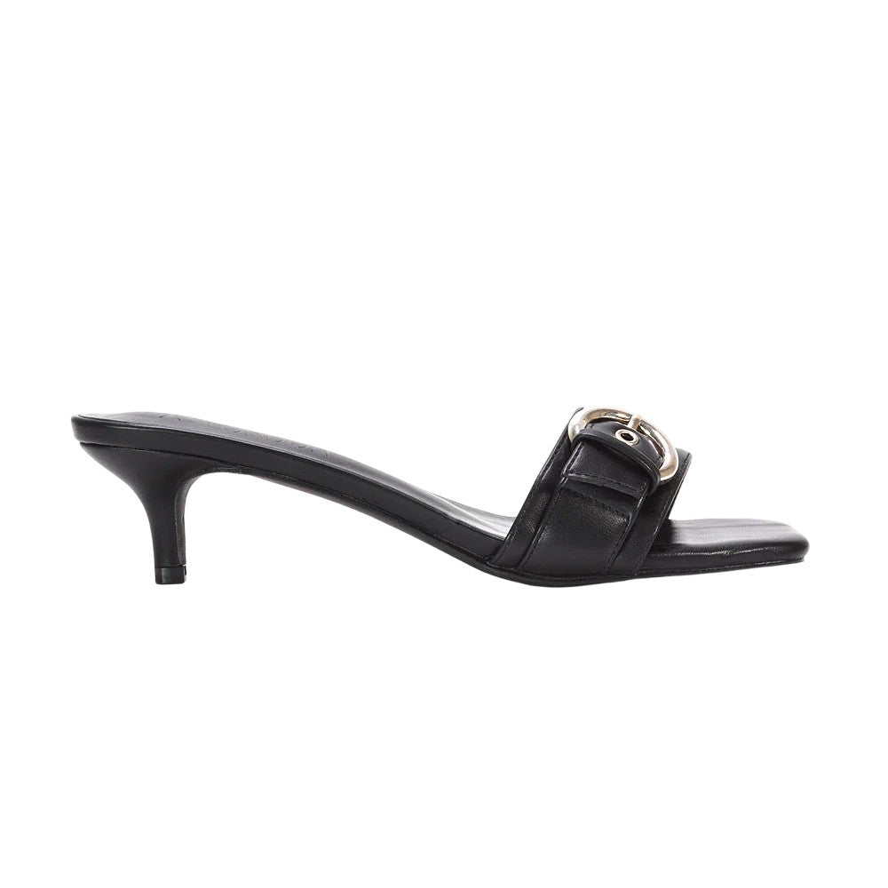 Black - Back - XY London Womens-Ladies Addison Buckle Detail Slip-on Kitten Heel Mule Sandals
