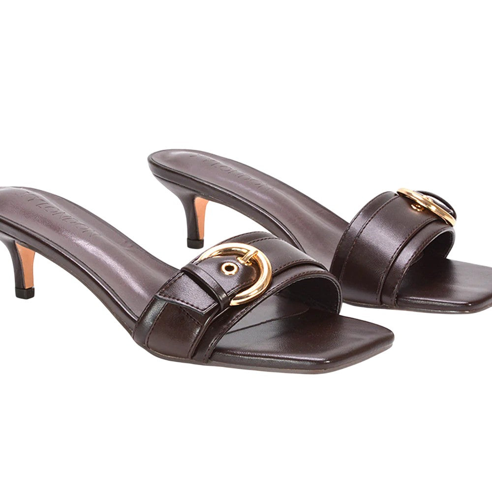 Brown - Pack Shot - XY London Womens-Ladies Addison Buckle Detail Slip-on Kitten Heel Mule Sandals