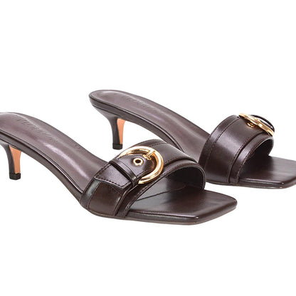 Brown - Pack Shot - XY London Womens-Ladies Addison Buckle Detail Slip-on Kitten Heel Mule Sandals