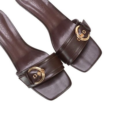 Brown - Close up - XY London Womens-Ladies Addison Buckle Detail Slip-on Kitten Heel Mule Sandals
