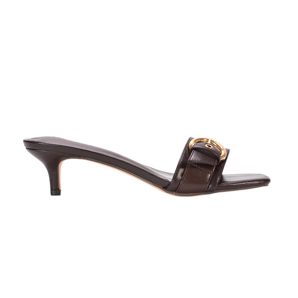 Brown - Back - XY London Womens-Ladies Addison Buckle Detail Slip-on Kitten Heel Mule Sandals