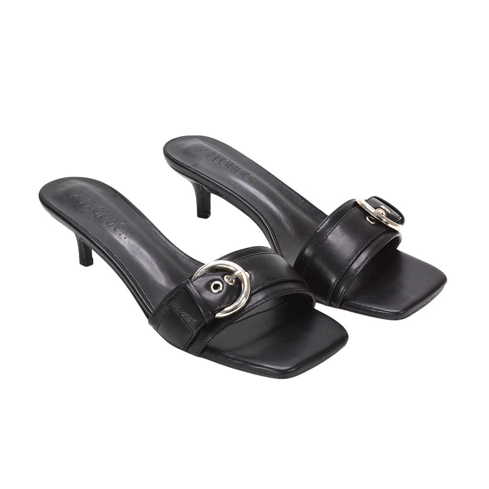 Black - Front - XY London Womens-Ladies Addison Buckle Detail Slip-on Kitten Heel Mule Sandals