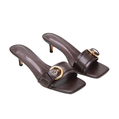 Brown - Front - XY London Womens-Ladies Addison Buckle Detail Slip-on Kitten Heel Mule Sandals