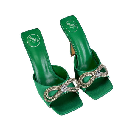 Green - Pack Shot - XY London Womens-Ladies Elsa Bow Diamante Stiletto Heel Sandals