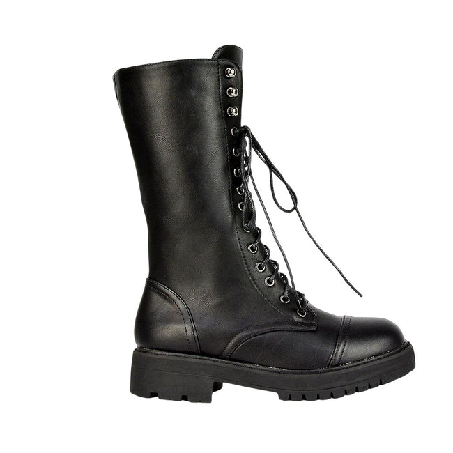 Black - Side - Womens-Ladies Vera Mid Calf Biker Boots
