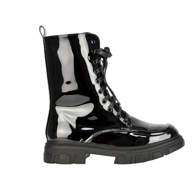 True Black - Side - Womens-Ladies Patent Biker Boots