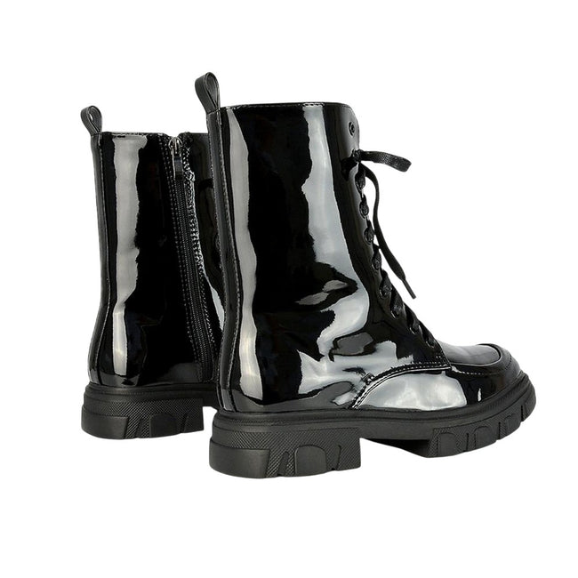 True Black - Back - Womens-Ladies Patent Biker Boots