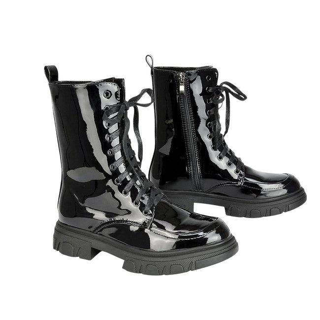 True Black - Pack Shot - Womens-Ladies Patent Biker Boots