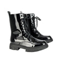 True Black - Front - Womens-Ladies Patent Biker Boots