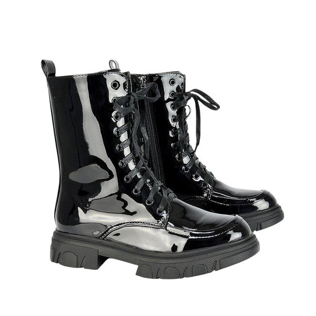 True Black - Front - Womens-Ladies Patent Biker Boots