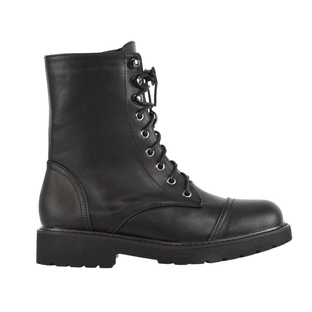 Black - Side - XY London Womens-Ladies River Zip Military Low Heel Combat Boots