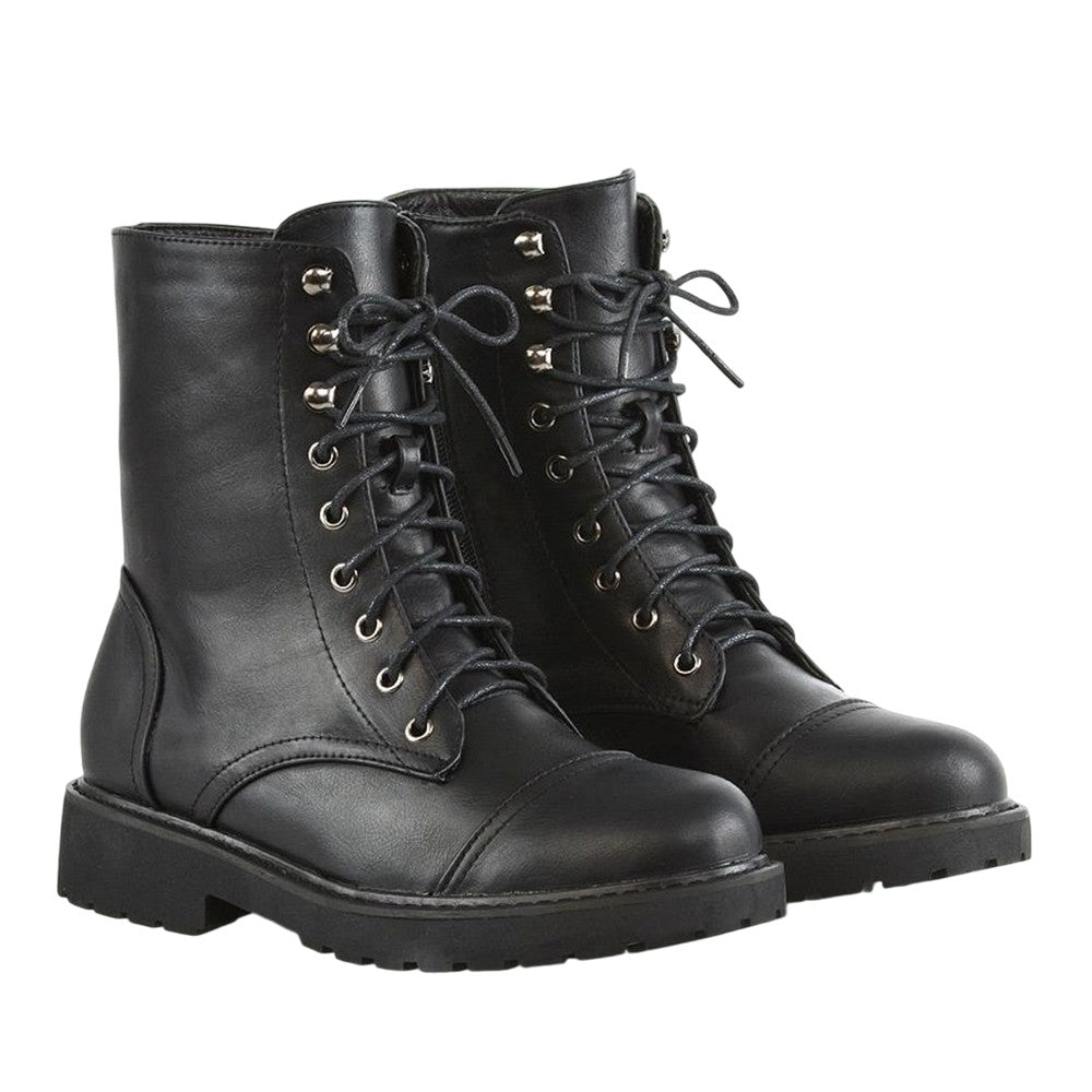 Black - Front - XY London Womens-Ladies River Zip Military Low Heel Combat Boots