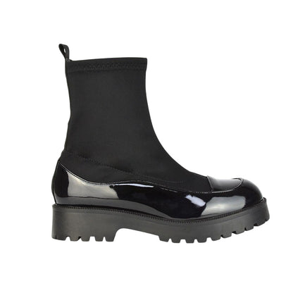 True Black - Side - XY London Womens-Ladies Kerry Patent Chunky Flat Biker Boots