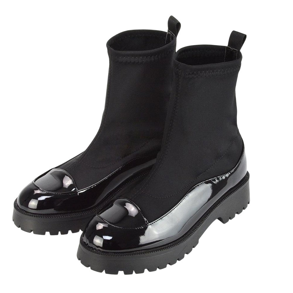 True Black - Lifestyle - XY London Womens-Ladies Kerry Patent Chunky Flat Biker Boots