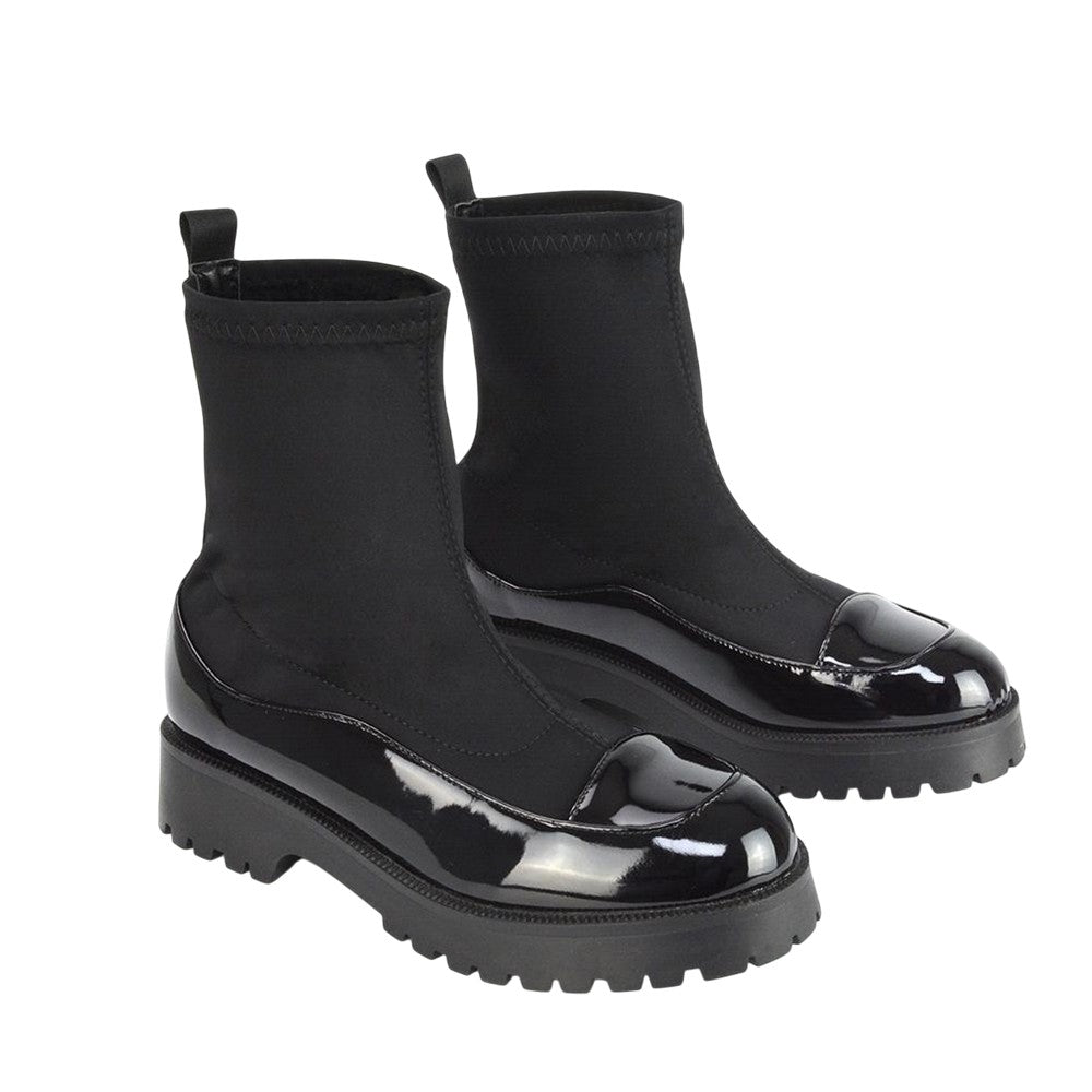 True Black - Pack Shot - XY London Womens-Ladies Kerry Patent Chunky Flat Biker Boots