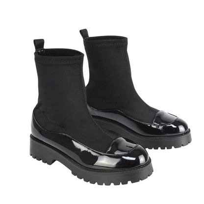 True Black - Pack Shot - XY London Womens-Ladies Kerry Patent Chunky Flat Biker Boots