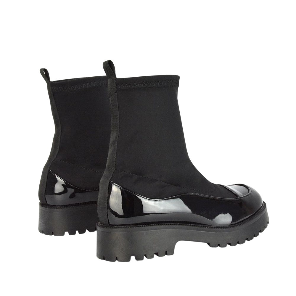 True Black - Back - XY London Womens-Ladies Kerry Patent Chunky Flat Biker Boots
