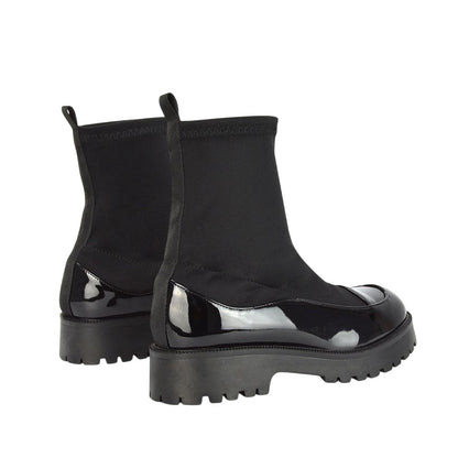 True Black - Back - XY London Womens-Ladies Kerry Patent Chunky Flat Biker Boots