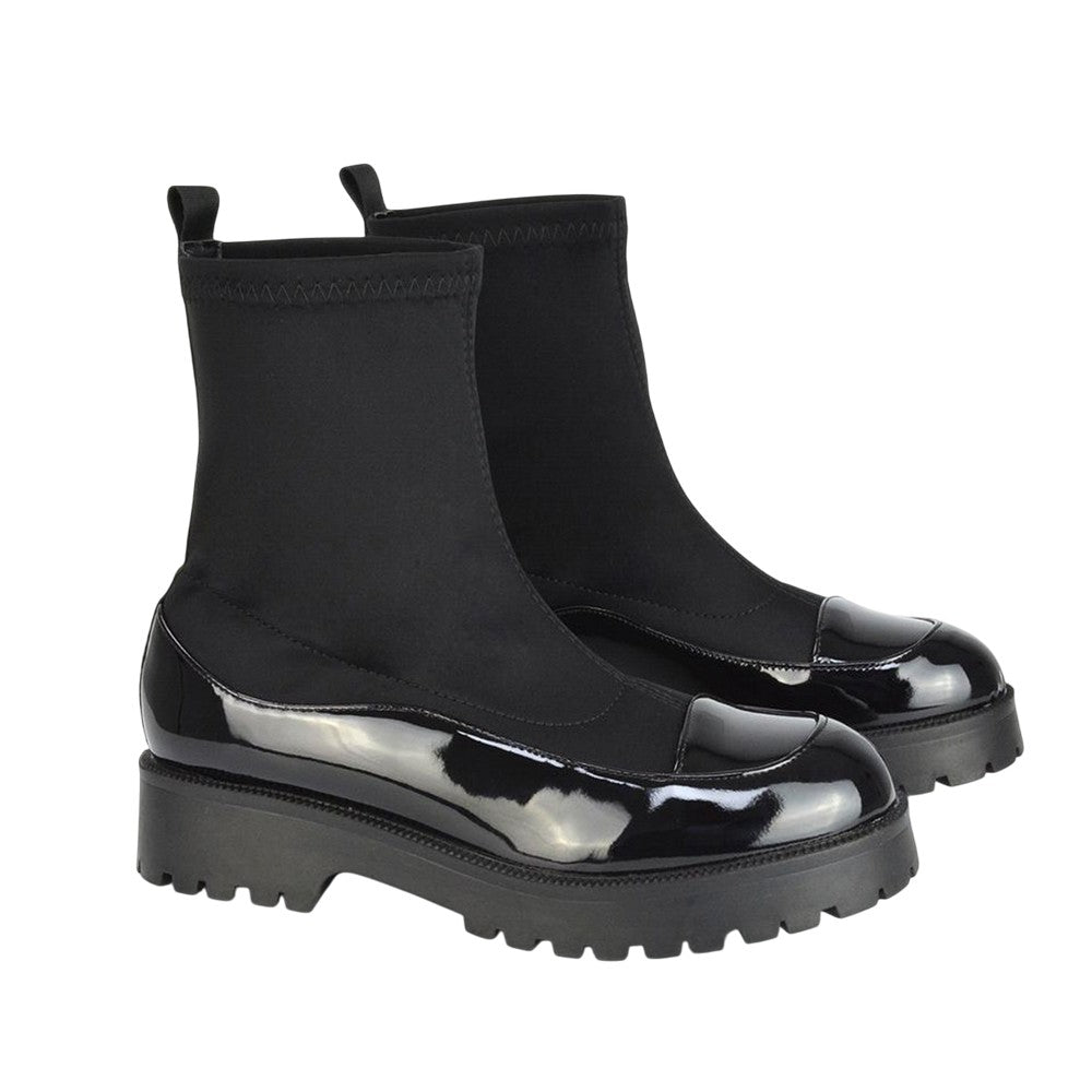 True Black - Front - XY London Womens-Ladies Kerry Patent Chunky Flat Biker Boots